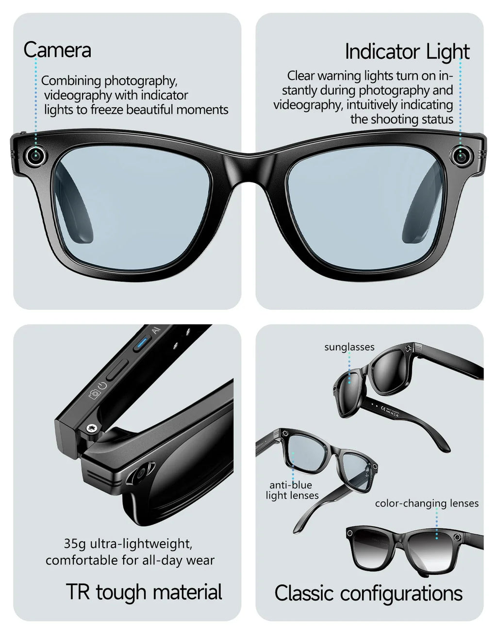 All-in-One Smart Glasses: Camera, Music, AI & Translation